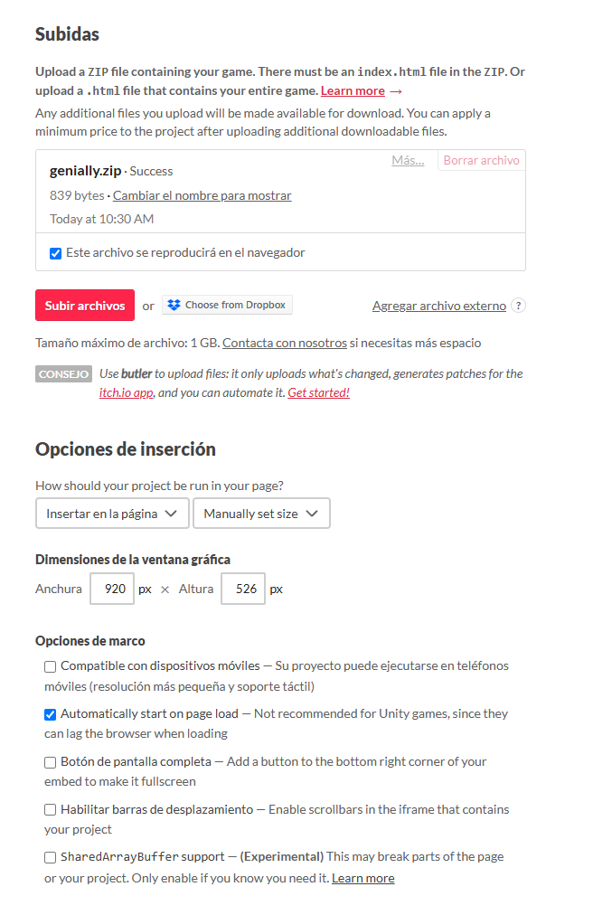 Ejemplo de configuración en itch.io