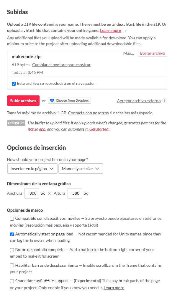 Ejemplo de configuración en itch.io