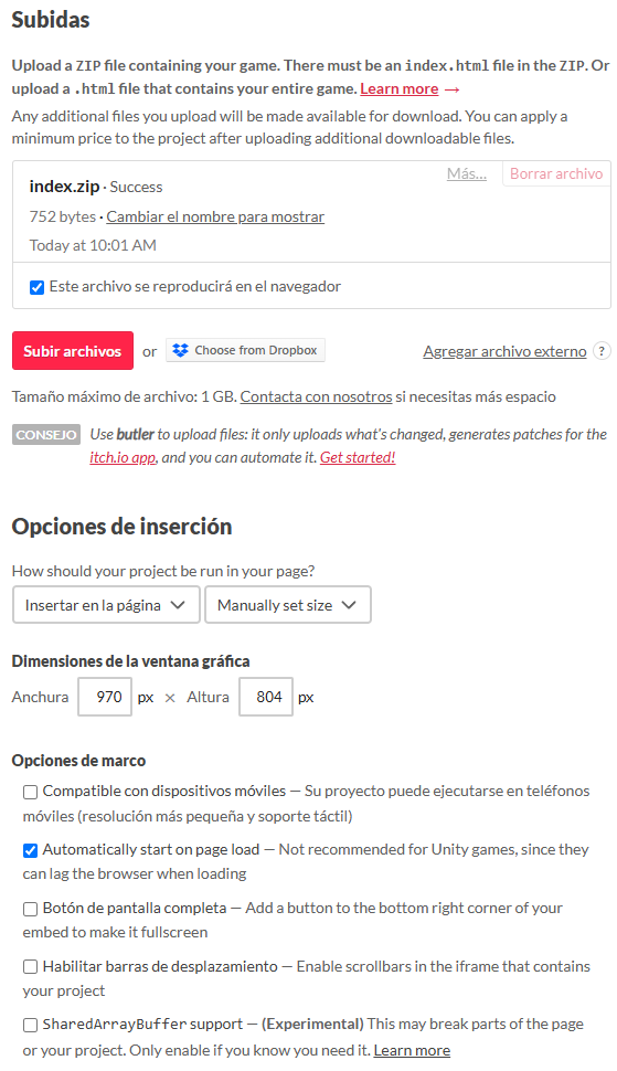 Ejemplo de configuración en itch.io